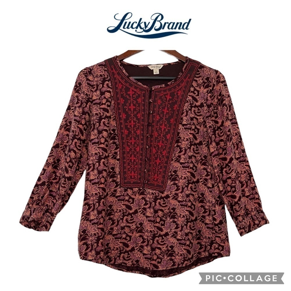 Lucky Brand women embroidered bohemian boho floral 3/4 sleeves tunic top size S